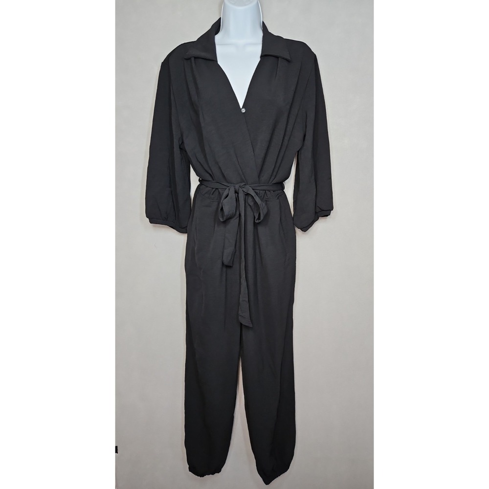 Fraiche By J Womens Black Long Sleeve V Neck Tie Waist Jumpsuit Size Large NWT
